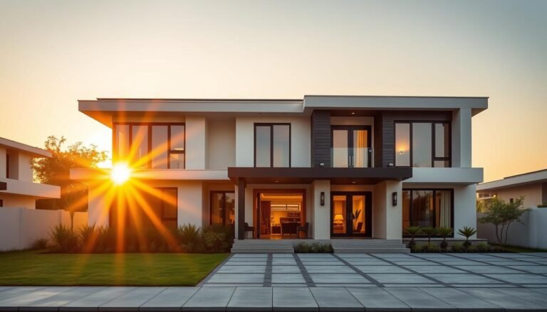 A beautiful west-facing house with sunset in the background showing the benefits of west-facing homes as per Vastu