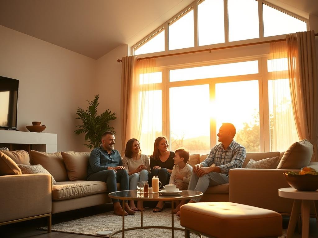 A family enjoying evening time in their west-facing house with beautiful sunset light