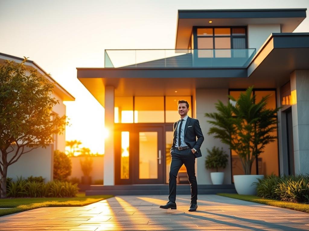 A professional in a business suit entering a west-facing house, illustrating how west-facing homes benefit certain professions according to Vastu