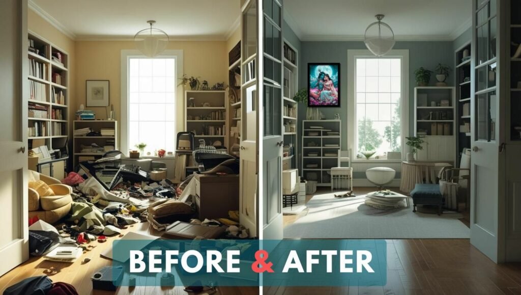 Before and after comparison showing a home transformed with Vaastu Photo Frames Before and after comparison showing a home transformed with Vaastu Photo Frames