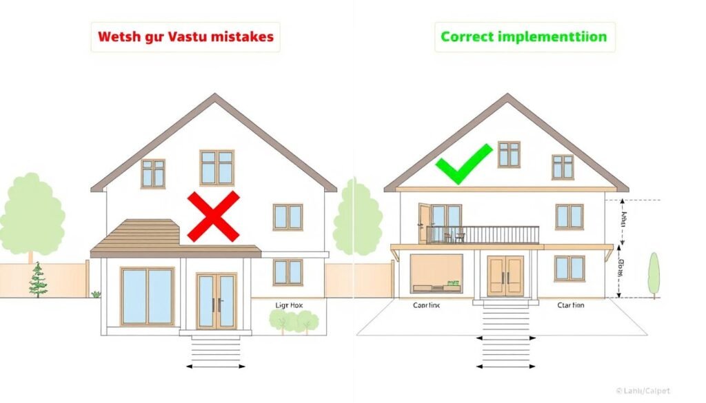 Illustration showing common Vastu mistakes in west-facing houses and their corrections
