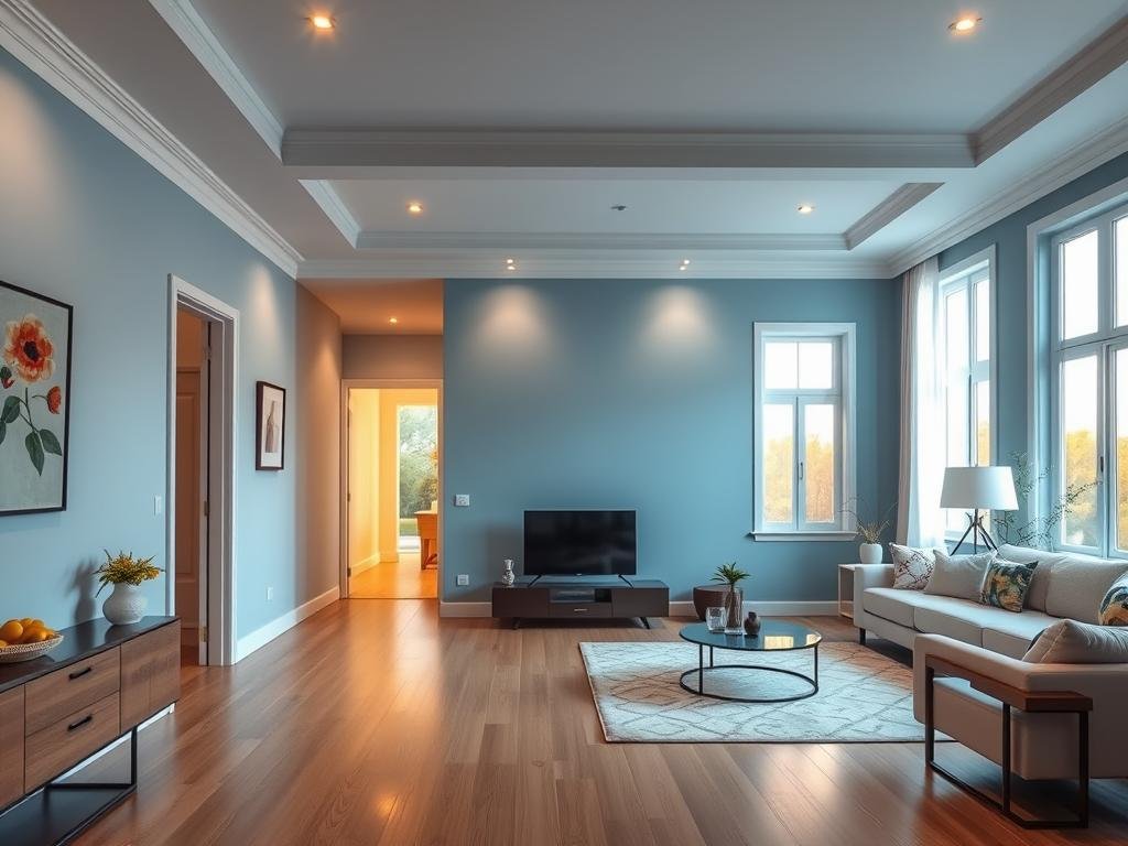 Interior of a west-facing house showing Vastu-compliant color schemes in different rooms