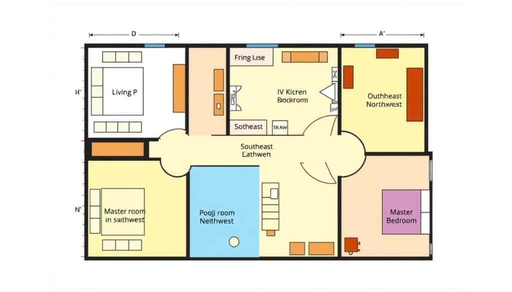 Room layout diagram for east facing house according to Vastu principles