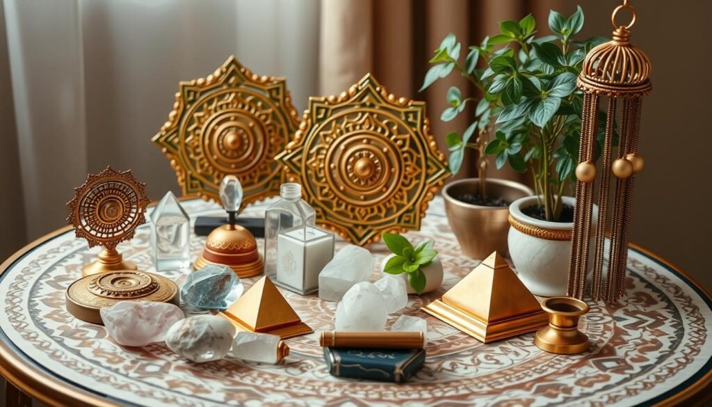 Various Vastu remedies for west-facing houses including yantras, crystals, and plants
