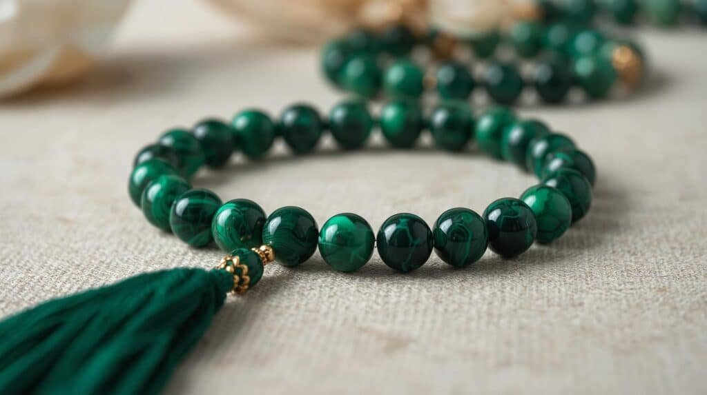 malachite stone, bracelet and mala product display image