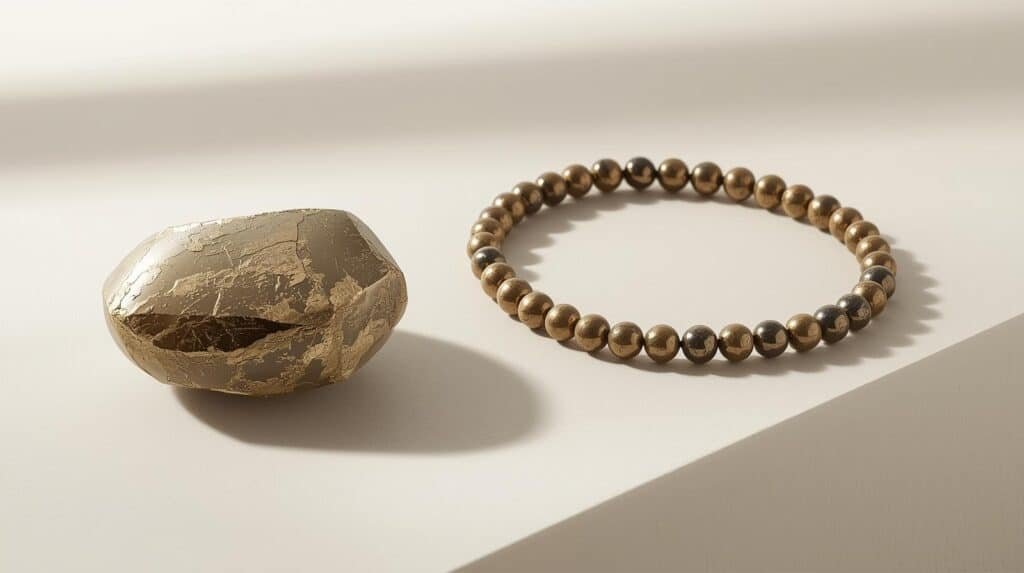 pyrite stone, bracelet and mala product display image